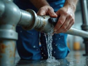 Hands attempting to stop water leaking from a metal pipe using a wrench, with water streaming out onto the floor. main water line
