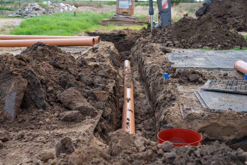 Tree roots: A newly installed orange drainage pipe runs through a trench at a construction site, surrounded by soil, dirt piles, and construction materials.