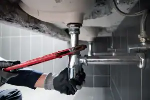 A person wearing gloves uses a red pipe wrench to tighten or loosen a metal pipe under a sink in a tiled room. ceiling leak