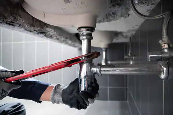 A person wearing gloves uses a red pipe wrench to tighten or loosen a metal pipe under a sink in a tiled room. ceiling leak
