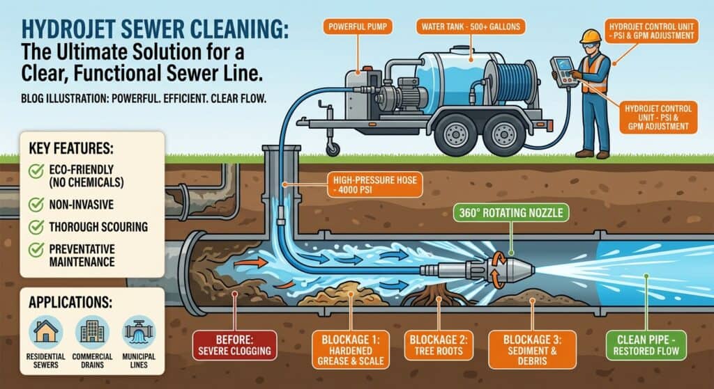 %Focuskw% | Pf Plumbing Illustration of hydrojet sewer cleaning using high-pressure water to clear tree roots, debris, and hardened grease from a sewer pipe, with labeled equipment and key features shown.