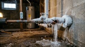 A frozen water pipe with icicles is shown in a basement with exposed concrete walls, a water heater, and a thermometer displaying 15°F. Frozen pipes
